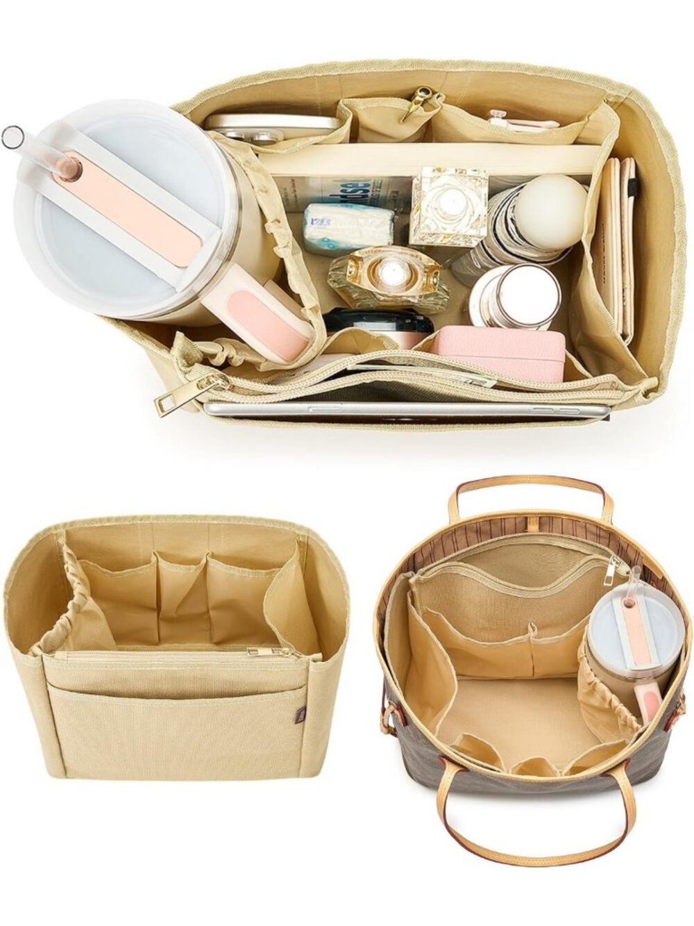 Large Tote Bag Organizer Insert with Cup Holder & Zipper Bag, 9 Pockets, Beige